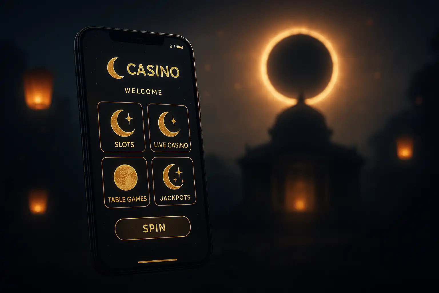 Smartphone displaying the LunaLoots casino app lobby with lunar icons