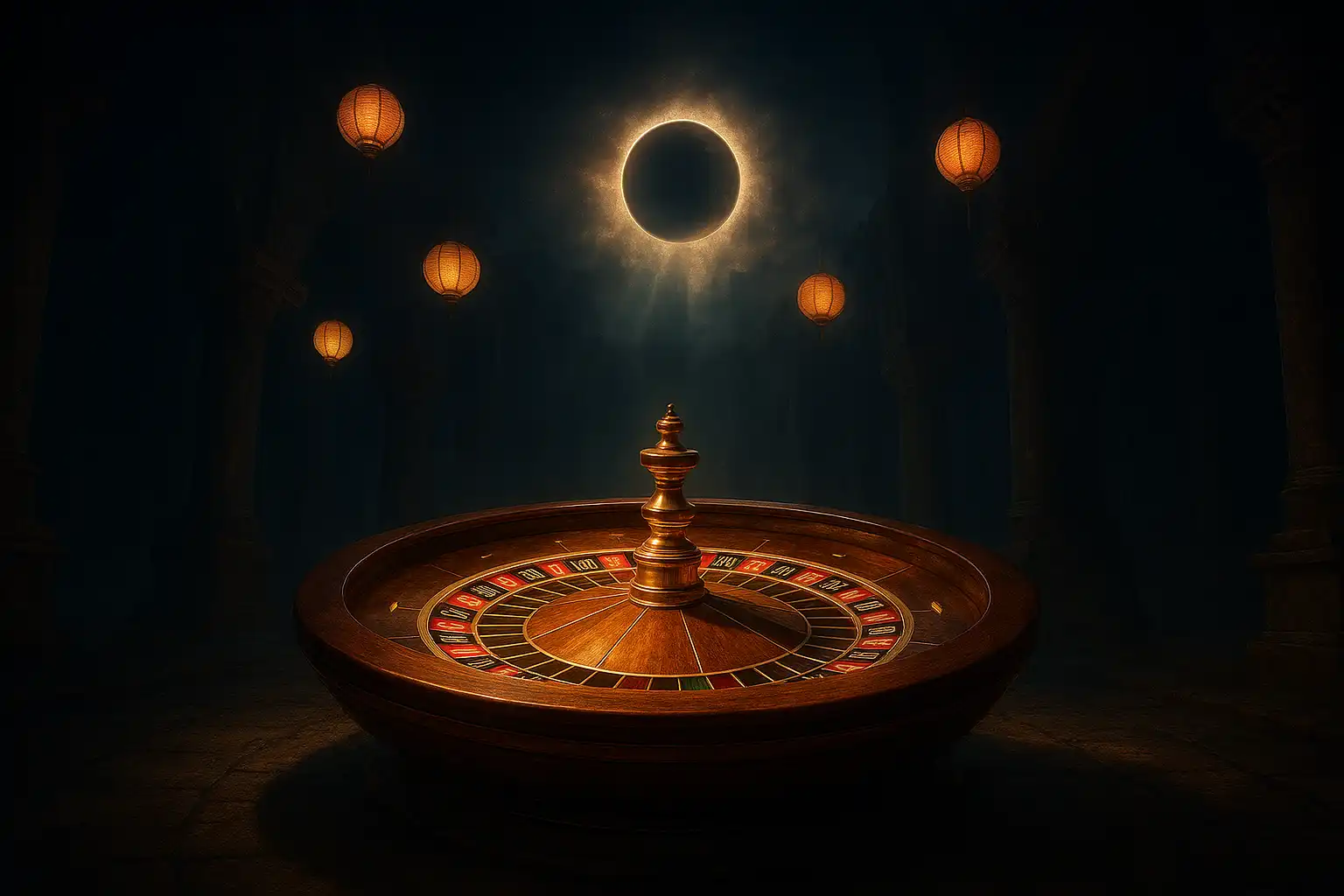 Golden roulette wheel glowing under lunar temple lanterns