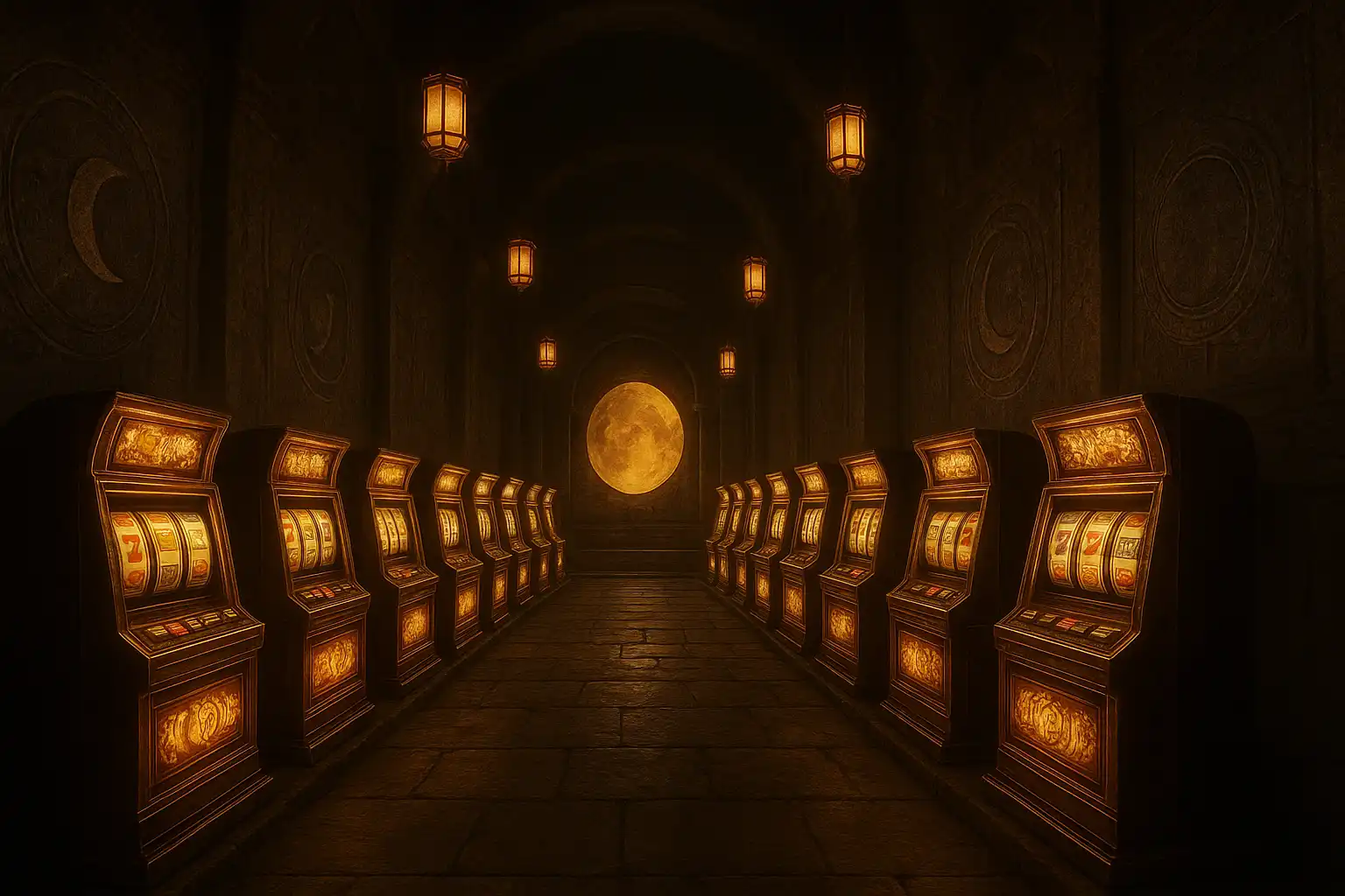 Row of glowing slot machines inside a stone temple corridor