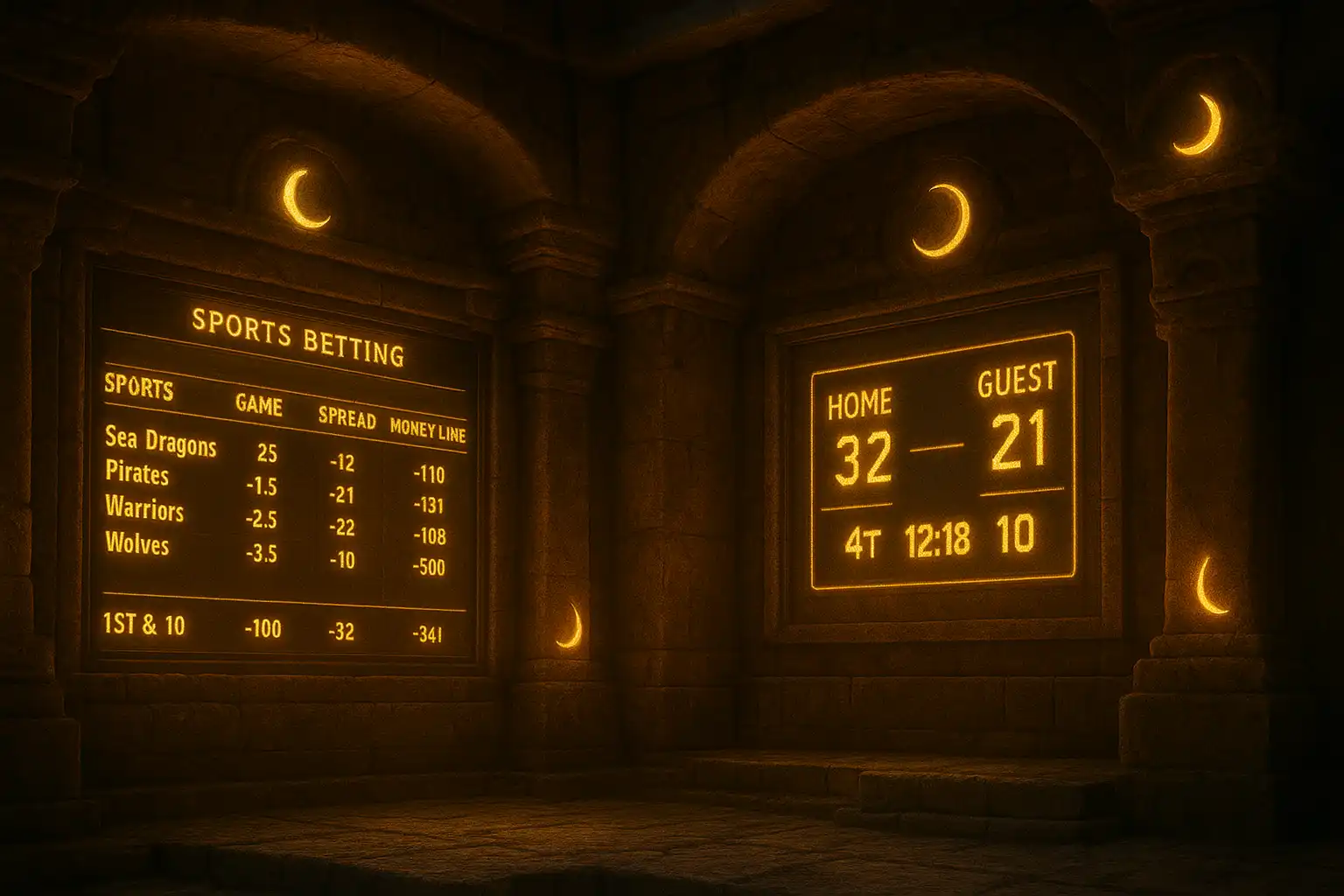 Illuminated sportsbook betting board inside the eclipse temple